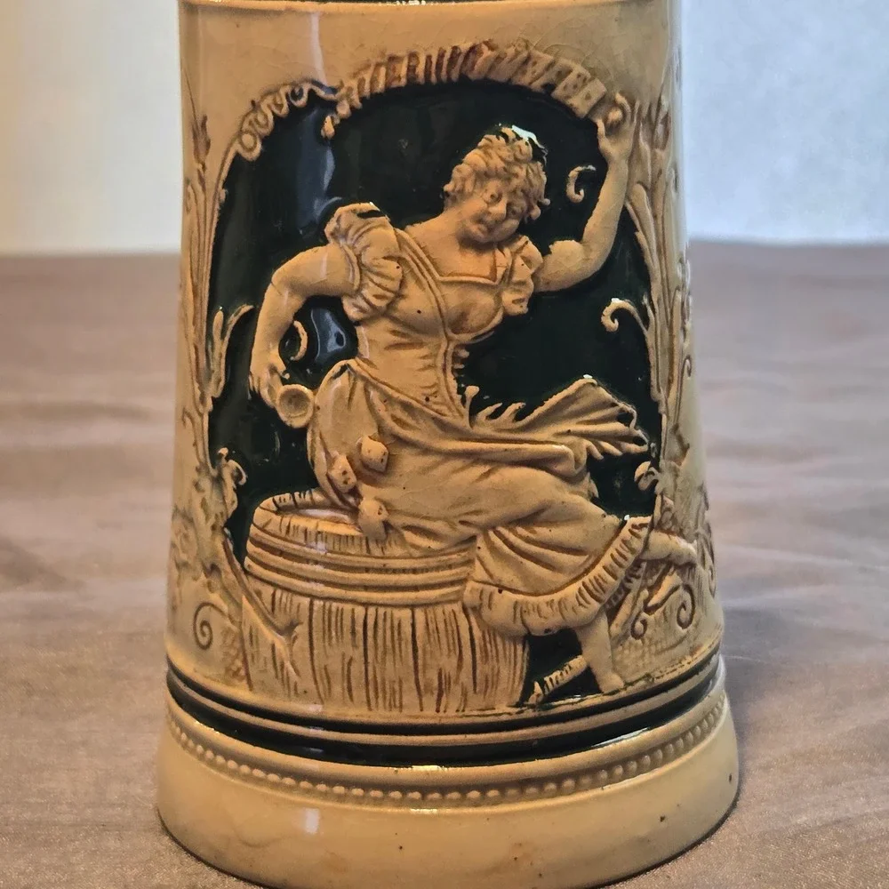 Vintage German Beer Stein with‎ Pewter Lid and Relief Scene